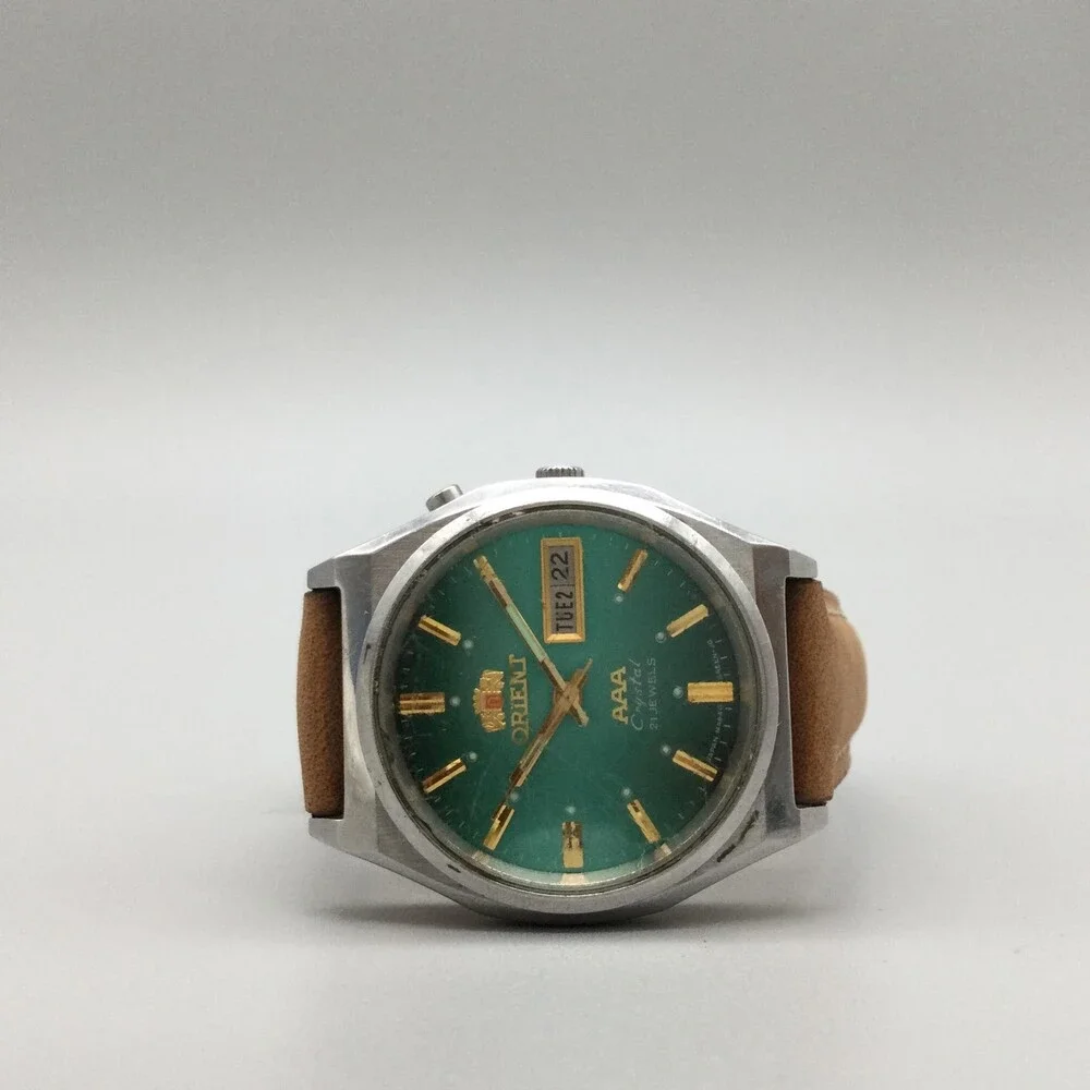 Vtg Orient AAA Crystal 21 Jewels Mens Watch 34mm Green Dial Automatic Leather